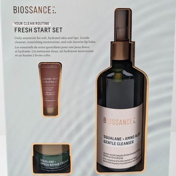 Biossance Fresh Start Set: Squalane Cleanser, Omega Repair Cream, Lip Balm NIB - Picture 1 of 4